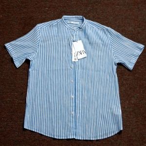 Small Mens Zara  Linen, Light Blue & White Shirt.